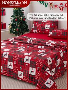 Juego de sábanas de 3/4 piezas con estampado de renos y calcetines navideños a cuadros, con una sensación suave como una nube, resistente a las arrugas y al encogimiento, que incluye 1 sábana plana + 1 sábana ajustable + 1/2 fundas de almohada, sábana de bolsillo profundo, para camas de todos los tamaños, certificado Oeko-Tex