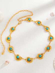 1pc Retro Fashion Personalized Micro-Inlaid Imitation Turquoise Seashell Splice Waist Chain, Summer Beach Seashell Splice Waist Chain Imitation Turquoise Personalized Body Chain Skirt Chain, Suitable For Women's Daily, Resort, Party Wear