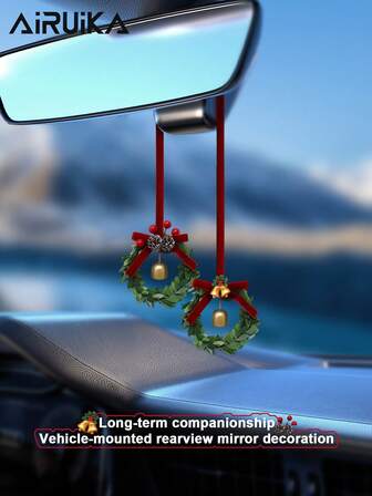 Creative Christmas Bell Wreath Hanging Decor, Cartoon Car Rearview Mirror Pendant, Auto Interior Accessories