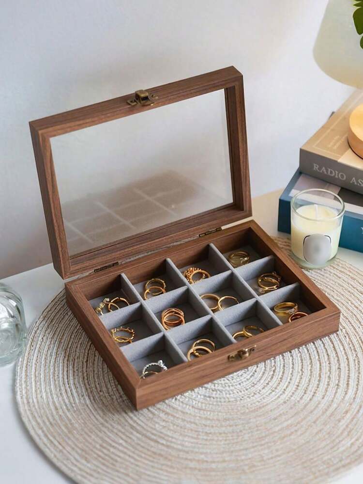 1 Pc. Large-Capacity Vintage Walnut Jewelry Storage Box. Clear Glass Allows For Intuitive Storage, Making It Easy To Access And Store. The Delicate, Glossy Texture Is Durable And Easy To Wipe, Ensuring A Neat Appearance Even With Long-Term Use. The Drawer-Style Compartments Allow Necklaces, Earrings, Bracelets - Multicolor - View 15