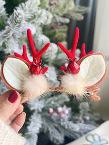 Christmas Hair Clips For Women, Cute Reindeer Antler Hair Clips With Faux Fur, Adorable Hair Accessories For Christmas Decoration, Birthday Gifts, Holiday Gifts, Plastic Holiday Themed Hair Clips Suitable For All Ages, Charming Cartoon Style, Perfect For Christmas, New Year And Thanksgiving Gifts - Multicolor - View 13