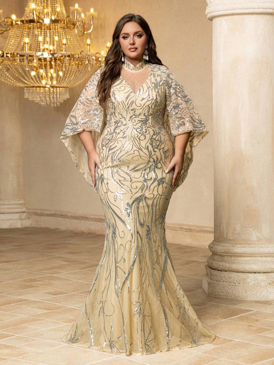 UNITHORSE Plus Abendkleid für Damen mit Stehkragen, Flügelärmel ...