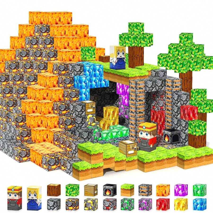 98/150/190PCS Magnetic Blocks, Lava Treasure Hunting Theme Magnetic Building Blocks, Building A Wonder World With Gems And Lava, Magnet Cubes Children Toys, Sensory STEM Toys Best For Halloween Gifts Birthday Gifts For Kids Ages 3+ - Multicolor - View 1