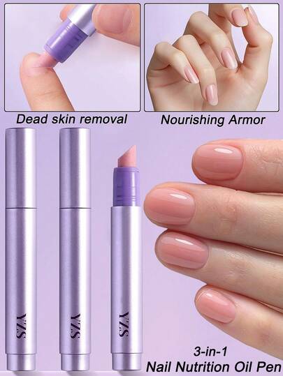 3支装美甲精华笔，三合一去角质保湿修护指甲油笔，去角质指甲锉笔，带刮擦和抛光功能，专业DIY美甲沙龙使用