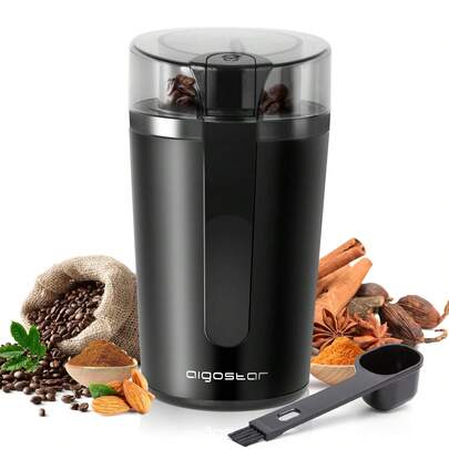 Aigostar Electric Coffee Grinder With Removable Lid, 304 Stainless Steel Blades, Powerful Grinder Motor 200W - Natural