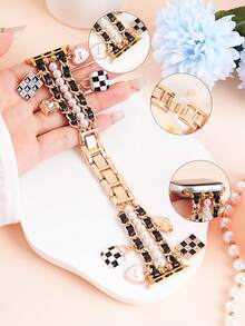 1pc Women's Party Daily Wear Double-Strand Leather Cord Pearl With Bag Cross Heart Pendant Watch Strap Compatible With Apple Watch Band 38/40/41/42/44/45/46/49mm,Metal Watch Strap Replacement For I Watch Series 11/10/9/8/7/SE/6/5/4/3/2/1,Ultra 1/2/3, Best Gift To Grilfried And Friend For Bracelet Wristband(Excluding Watch)