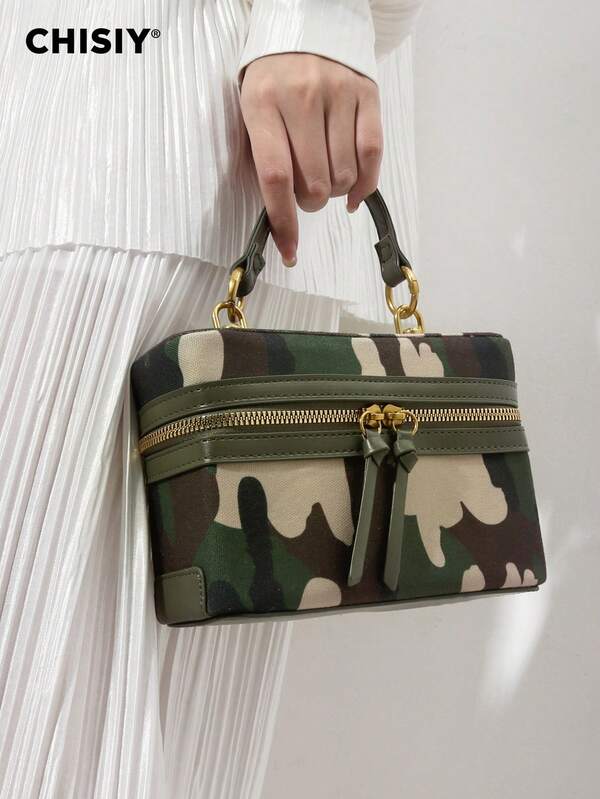 CHISIY Handmade Camouflage Green Patchwork Drawstring Bucket Bag, Detachable Wrist Strap & Shoulder Strap, Wild Girl Handbag, Zipper Closure Versatile Shoulder Bag, Suitable For Goddess, Suitable For Shopping, Party, Gathering, Campus, Gift Giving, Etc.