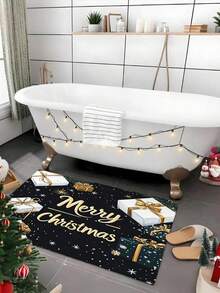 1/4 قطعة مجموعة حمام عيد الميلاد بدون ريش، ديكور شتوي مطبوع مقاوم للماء، تشمل حصيرة مانعة للانزلاق، غطاء مقعد المرحاض، سجادة على شكل حرف U وعدد 12 خطاف، لا تحتاج إلى كهرباء أو بطارية سجادة المطبخ