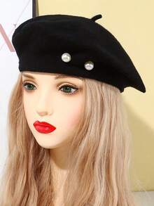 1 chiếc mũ beret nữ, mũ beret nữ màu trơn giá cả phải chăng, kiểu dáng cổ điển, đa năng, hình tròn, thích hợp cho nghệ sĩ, mũ beret len bóng đính ngọc trai màu đen. - Nhiều màu - Xem 6