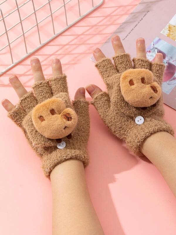زوج من القفازات بدون أصابع ناعمة ودافئة مزينة برسوم كرتونية للأطفال من الجنسين باللون الخاكي، مناسبة للارتداء اليومي في فصلي الخريف والشتاء