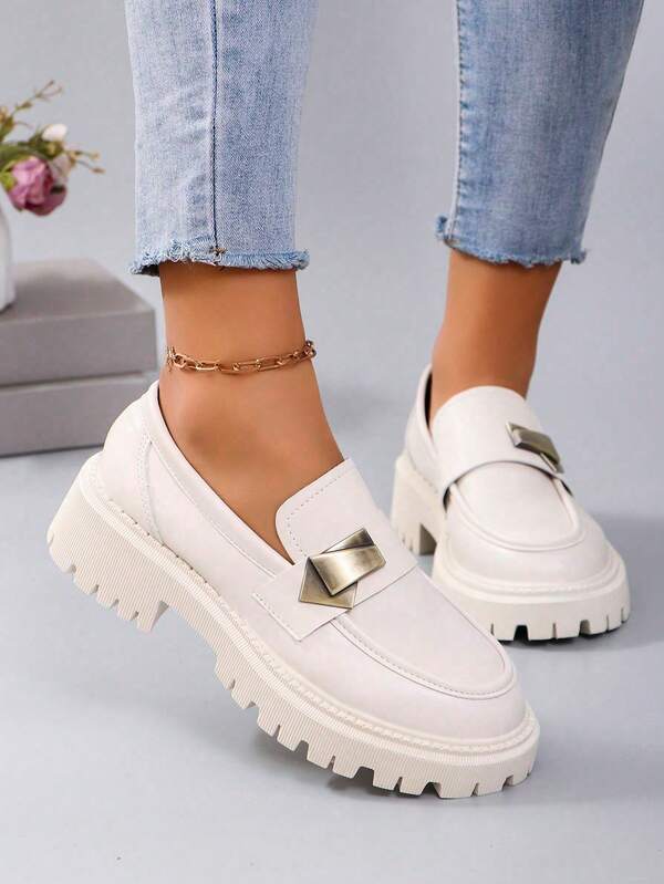 Women's Fashion Round Toe Chunky High Heel Chain Decor Slip-On Shoes, Versatile, Suitable For Spring/Autumn Music Festivals And Parties, Black, Platform Chunky Heel Loafers, Women's Elevator Leather Flats, Business Casual Flat Shoes