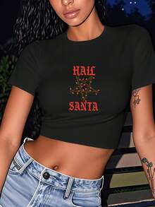 1pc Hail Santa Holiday Pentagram Christmas Lights Metal Women's Fashion Short Sleeve T-Shirt, Y2K Clothes, Back To School Clothes, Vintage Clothes, Street Wear, Rock, Holiday, Vacation, Festival, Summer Tops - 黑色 - 查看 2