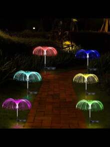 1 pieza Luz decorativa de jardín con fibra óptica en forma de estrella de 5 puntas, alimentada por energía solar, con 7 colores intermitentes lentos, resistente al agua, ideal para fiestas, campamentos, decoración navideña y exteriores - Multicolor - Ver 3