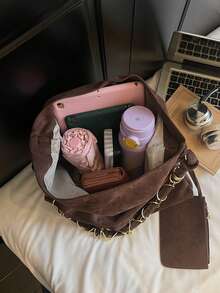 New Solid Color PU Large Capacity Special Metal Chain Hanging Pouch, Soft Fabric, Foldable, Handbag Tote Bag Suitable For Travel, Shopping, Dating, Women's Gift, Suitable For Teenage Girls, College Students, Beginners And White-Collar Workers, Ideal For Office, School, Work, Business, Commuting, Outdoor, Travel, Picnic