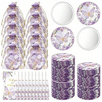 10/20 Sets Butterfly Baby Shower Party Favors, Butterfly Compact Pocket Mirrors And Thank You Cards Gifts Bulk For Guests Bridal Shower Wedding Gender Reveal Party(Purple)