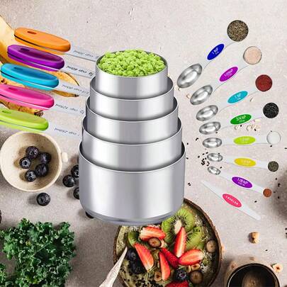 13 Pcs Measuring Cup And Magnetic Measuring Spoon Set - 5 Stackable Measure Cups + 7 Dual-Sided Magnetic Spoons + Leveler, Perfect For Accurate Kitchen Use