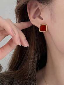 3 Pairs Elegant Burgundy Square & Round Drip Oil Design Earrings Set, Sophisticated & Versatile For Daily Wear, Formal Events, Fashion Accessories