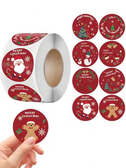 500 ملصق لاصق ذاتي للكريسماس - ملصقات قطرها 2.5 سم - أحمر زاهي مع بابا نويل والرنة والثلوج، ملصق "عيد ميلاد سعيد"، مناسب للهدايا والديكورات، ملصقات ختم عطلة سهلة التقشير، ديكورات عيد الميلاد