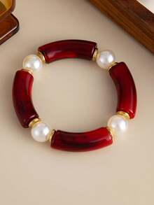 1 pieza Brazalete de resina con teñido anudado rojo vintage de moda y capas, brazalete elástico con tubo curvo de CCB, brazalete de resina con cuentas de teñido anudado rojo de Angola exagerado y de alta gama, adecuado para uso diario, fiestas y vacaciones de mujeres