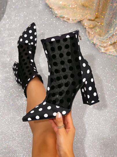 2025 Autumn/Winter Women's Polka Dot Mesh Chunky Heel Ankle Boots, Pointed Toe Zipper Back Hollow High Heel Shoes, Comfortable Breathable Fashion Short Boots, Versatile For Commuting
