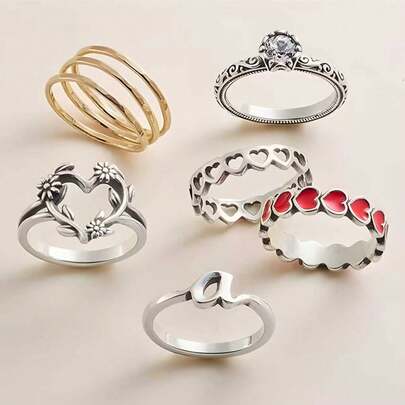 STYLEVER 1PC Silver Patterned Heart-Shaped Ring, Heart-Shaped Hollowed-Out Ring,Unique And Luxury Ring For Women's,For Work, Daily,Party, Banquet, Ball Decor