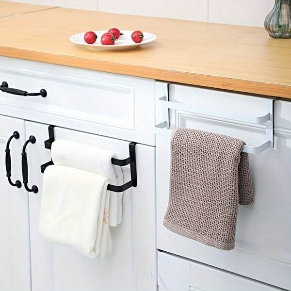 1pc Double-Layer Cabinet Door Towel Rack, Over The Door Double Rod Towel Hanger, Towel Storage Rack, Kitchen Hand Towel Rack