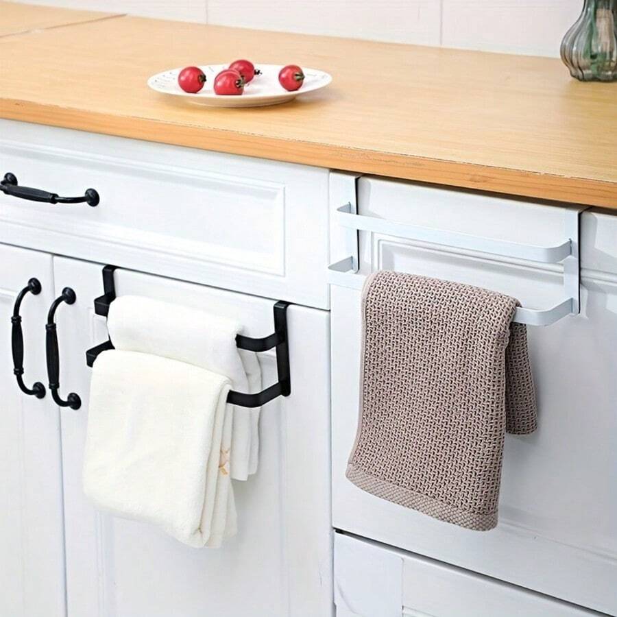 1pc Double-Layer Cabinet Door Towel Rack, Over The Door Double Rod Towel Hanger, Towel Storage Rack, Kitchen Hand Towel Rack