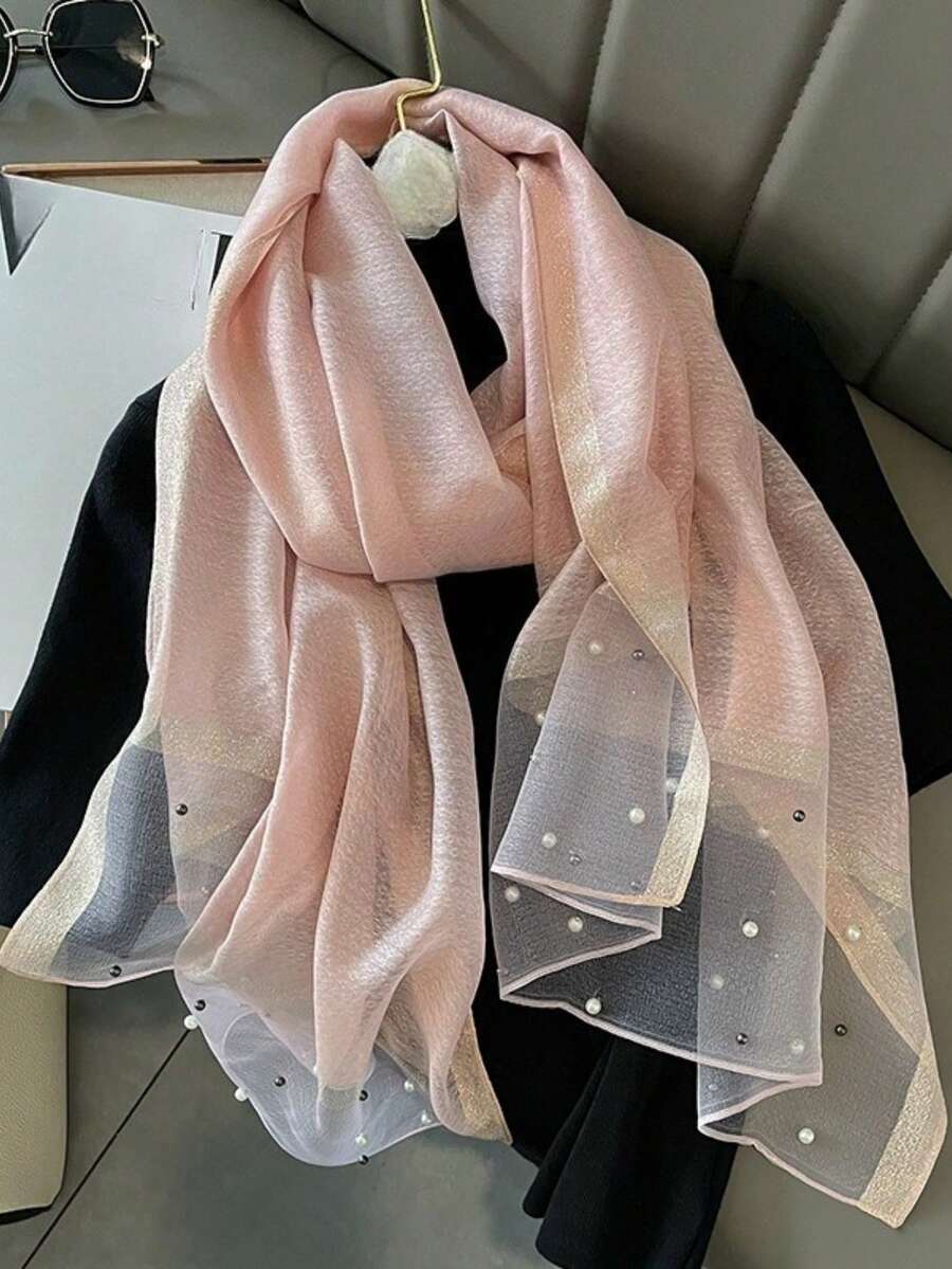 1pc Faux Silk Pearl Decor Women Scarf/Shawl/Headscarf, Suitable For Daily Wear