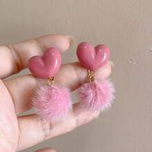 1 Pair Fluffy Pink Heart Earrings, Sweet & Cute Style Suitable For Women's Daily Wear, Furry Heart Earrings Pendant