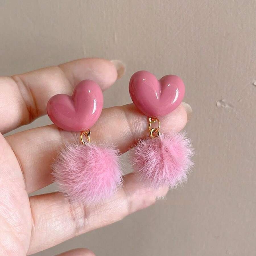 1 Pair Fluffy Pink Heart Earrings, Sweet & Cute Style Suitable For Women's Daily Wear, Furry Heart Earrings Pendant
