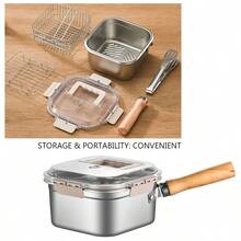 ABKOK 1pc Stainless Steel Multi-Function Kitchen Frying Pan, Outdoor Portable Square Fryer Pot With Filter Net, Steaming Rack, Oil Filter, Cooking, Frying, Food Storage, Convenient Carry