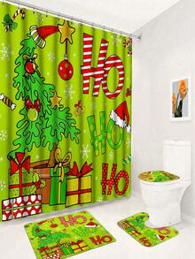 Cheerful Neon Green Christmas Cartoon Bathroom Set . Festive Holiday Decor | Cute Christmas Tree Wearing Santa Hat, Paired With Gifts, Candies And Snowflake Elements | Repeated "Ho" Text Adds Playfulness | Overall Design Is Bright And Lively, With Vivid Colors, Suitable For Children Or Households Who Enjoy Novel Colors | Includes Shower Curtain, Toilet Seat Cover, Bath Mat And Pedestal Mat