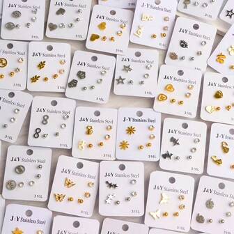 15 Pairs (5 Sets) Luxury Rhinestone Stainless Steel Stud Earrings, Assorted Butterfly & Heart Designs, Suitable For Party, Wedding, Daily Wear, Fashion Jewelry Gift, Random Delivery