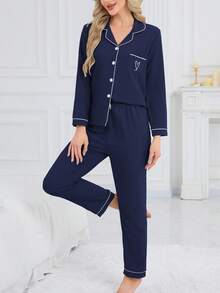 2pcs/Set Women's Long Sleeve Top & Pants Pajamas, All Season Casual Loose Minimalist Embroidered Bow Solid Color Loungewear, Suitable For Home & Outings - Navy Blue - View 5