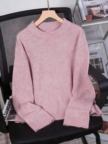 女士灰色圆领休闲针织毛衣 - 粉色 - 查看 3