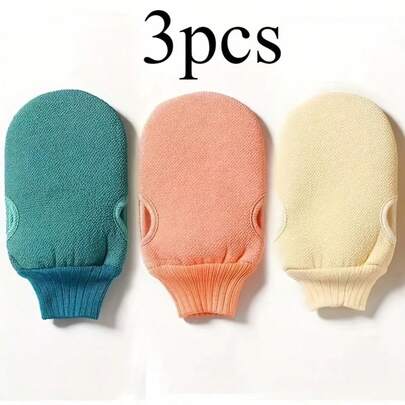 Set de 3 toallas exfoliantes de doble cara con guantes de frotado - Opciones de gruesa y fina, 3 colores aleatorios (azul verdoso/naranja/amarillo) para el baño, cuidado de manos y exfoliación corporal - Guantes exfoliantes reutilizables para uso en el baño del hogar