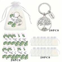 60 Peças Conjunto de Chaveiros Árvore da Vida, Inclui 20 Peças Cartões de Agradecimento Folha Verde, 20 Peças Sacos de Organza Branca e 20 Peças Chaveiros de Metal Oco, Presentes de Formatura, Ação de Graças, Dia do Professor, Festa, Recompensa de Equipe, Aniversário, Natal, Ano Novo