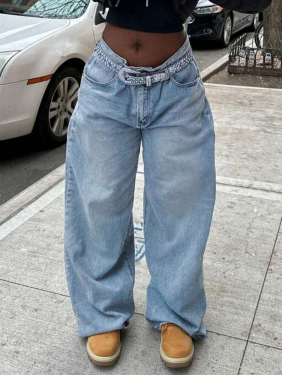 MYOURSA Jeans de pierna ancha y suelta con estilo Y2K, de talle alto, desgastados y con estilo vintage de calle casual, color azul claro para mujeres en primavera - Lavado ligero - Ver 1