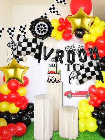 5pcs Racing Car Aluminum Foil Balloon Set, Includes Red Tire, Gold Tire, Tire, Plaid Balloon, Star Balloon, Racing Flag Balloon, Suitable For Birthday Party Decoration, Sports Events, Racing Theme Party, Competition Celebration Decoration And Home Background Decoration