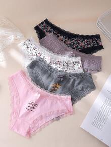 5 Teile Damen Baumwoll Sexy romantische Spitzen bedruckte Unterwäsche Set