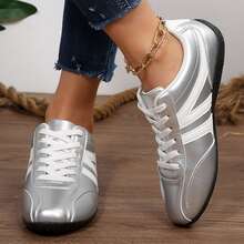 Women Classic Retro Gum Sole Fashion Sneakers Chunky Shoes For Outdoor Office Work Walking Travel Sport Tennis Shoes Four Season - 銀色 - 查看 9