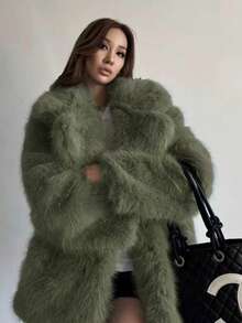 Damen Mode Kunstfell Kragen Jacke, Langarm, oberschenkellang, Knopftaschen, nicht dehnbarer regulärer Saum, bequeme Oberbekleidung