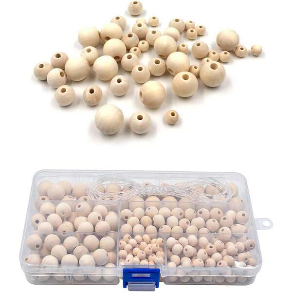 Wooden Beads For Threading With Storage Box, 300 /1050 Pieces Wooden Balls With Hole 6 To 14 Mm, Round Wooden Beads Natural, Small Beads Wooden Set, Wooden Balls For Crafts, DIY Jewellery, Bracelet