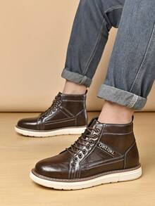 1 Pair Men's Round Toe Lace-Up Low Heel PU Material EVA Sole Casual Daily Mid-Calf Boots, Metal Eyelet Lace-Up, Office/Business