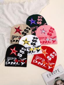 温暖针织帽，Y2K 风格，亚克力字母设计男女通用帽子，秋冬休闲街头服饰