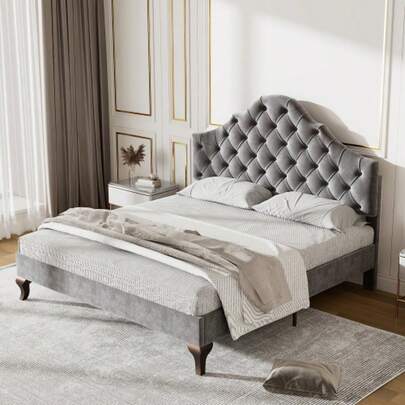 Upholstered Bed 140*200 With Slatted Frame And Headboard, Upholstered Bed With Height-Adjustable Headboard, For Adults & Teenagers, Wooden Slats, Easy Assembly, Velvet, Grey