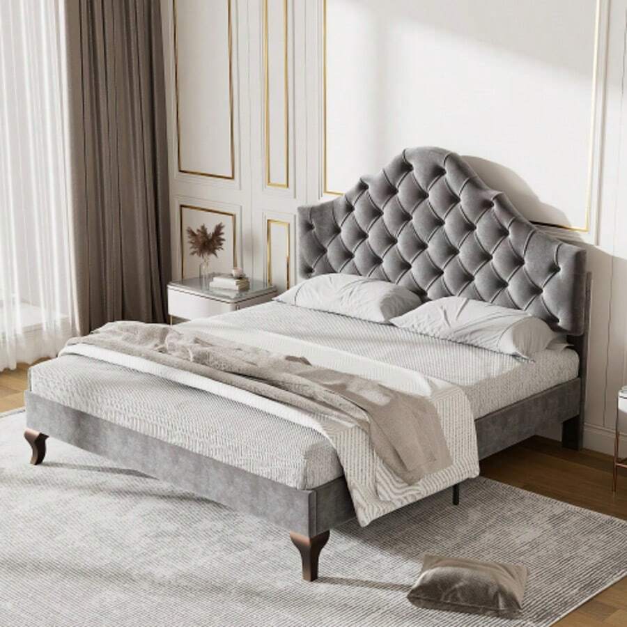 Upholstered Bed 140*200 With Slatted Frame And Headboard, Upholstered Bed With Height-Adjustable Headboard, For Adults & Teenagers, Wooden Slats, Easy Assembly, Velvet, Grey - Gray + Velvet + 140cm*200cm - 查看 1