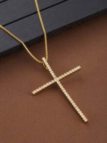 1PC Jesus Zirconia Big Cross Necklace Unisex Simple Large Cross Pendant Necklaces For Men Women Couple Religion Jewelry Gift