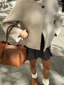 Áo khoác dáng rộng thanh lịch dành cho nữ, vải dệt trơn màu có túi và nút, thích hợp mặc hàng ngày, sân bay, công sở, thu/đông - Màu be - Xem 4