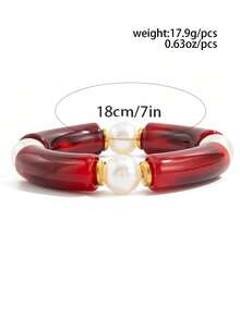 1 pieza Brazalete de resina con teñido anudado rojo vintage de moda y capas, brazalete elástico con tubo curvo de CCB, brazalete de resina con cuentas de teñido anudado rojo de Angola exagerado y de alta gama, adecuado para uso diario, fiestas y vacaciones de mujeres